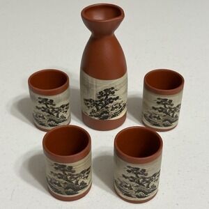 Japanese Sake 5 Piece Set‎ Ceramic Bottle Cups Artisan Oriental Landscape Design
